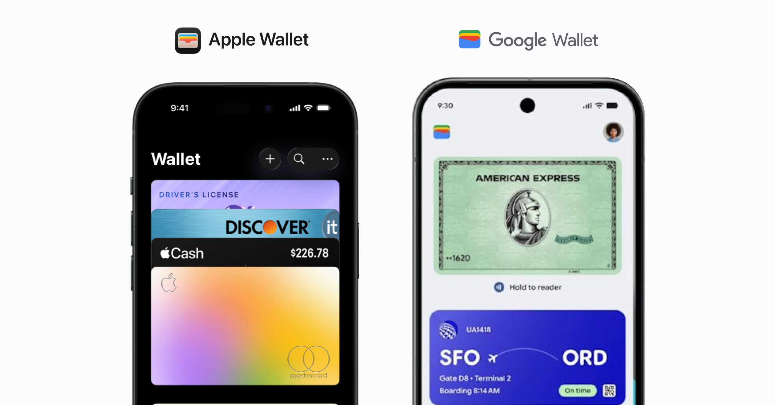 Apple Wallet on iPhone and Google Wallet on Pixel, side by side