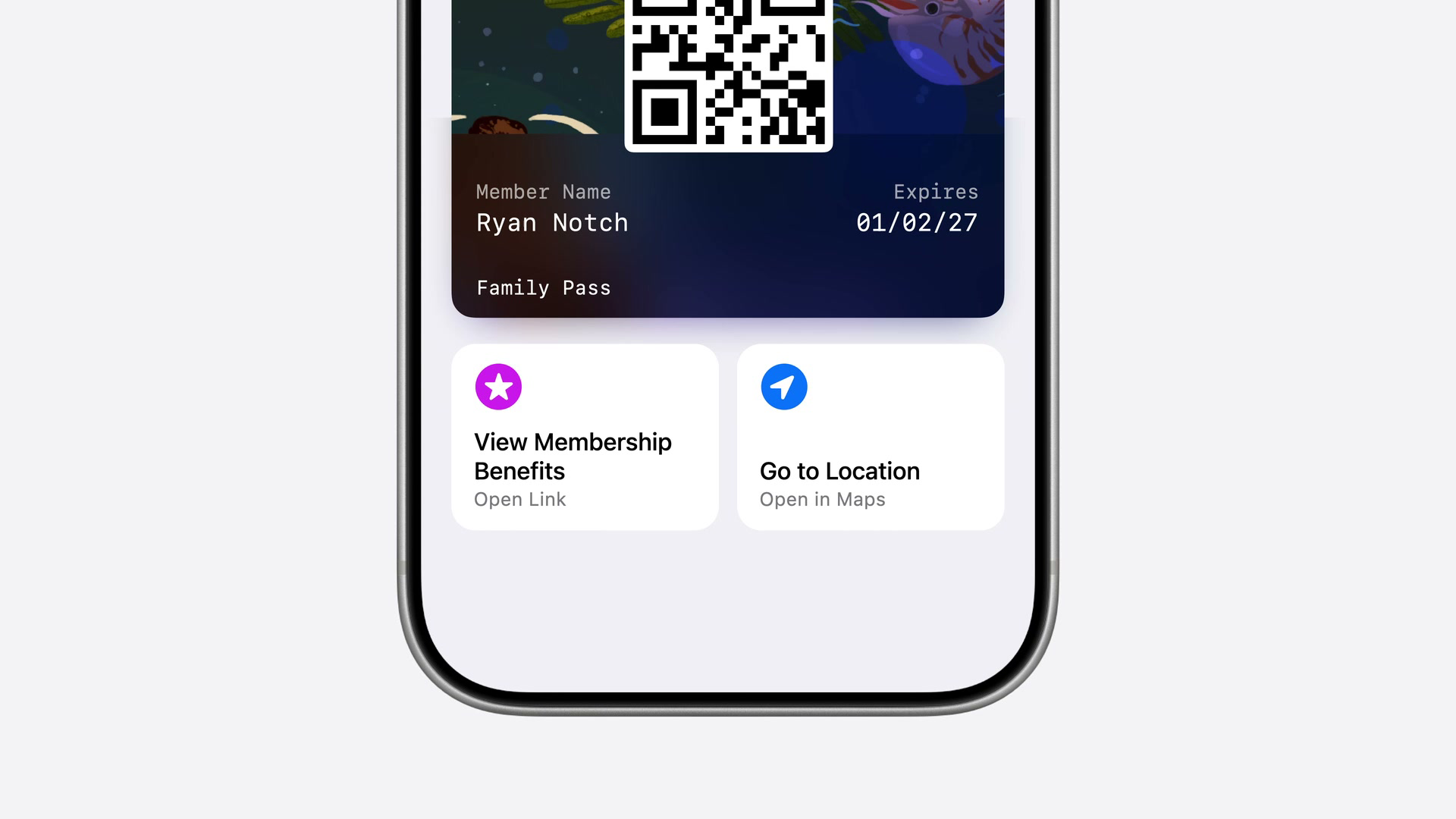 Apple's WWDC26 session 209 example of two Featured Action tiles, View Membership Benefits and Go to Location, under a museum membership pass