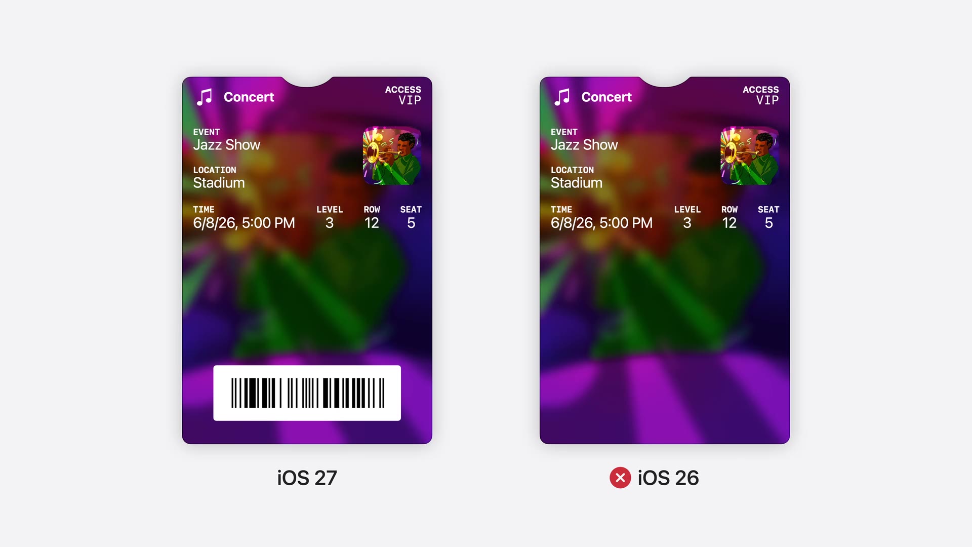 Apple's WWDC26 session 209 comparison: a concert ticket renders its new-format barcode on iOS 27, while the same pass on iOS 26 shows no barcode at all