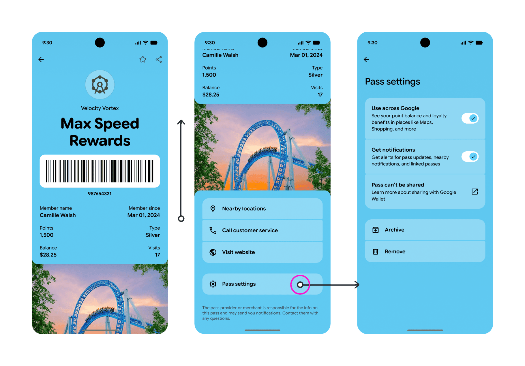 Google Wallet generic pass in the new 2026 design: full-screen brand color, a large title, barcode, fields, and a large hero image